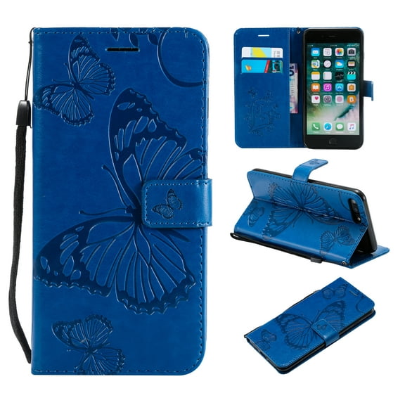 iPhone 7 Plus/ 8 Plus Wallet case, Allytech Pretty Retro Embossed Butterfly Flower Design PU Leather Book Style Wallet Flip Case Cover for Apple iPhone 7 Plus and iPhone 8 Plus, Blue