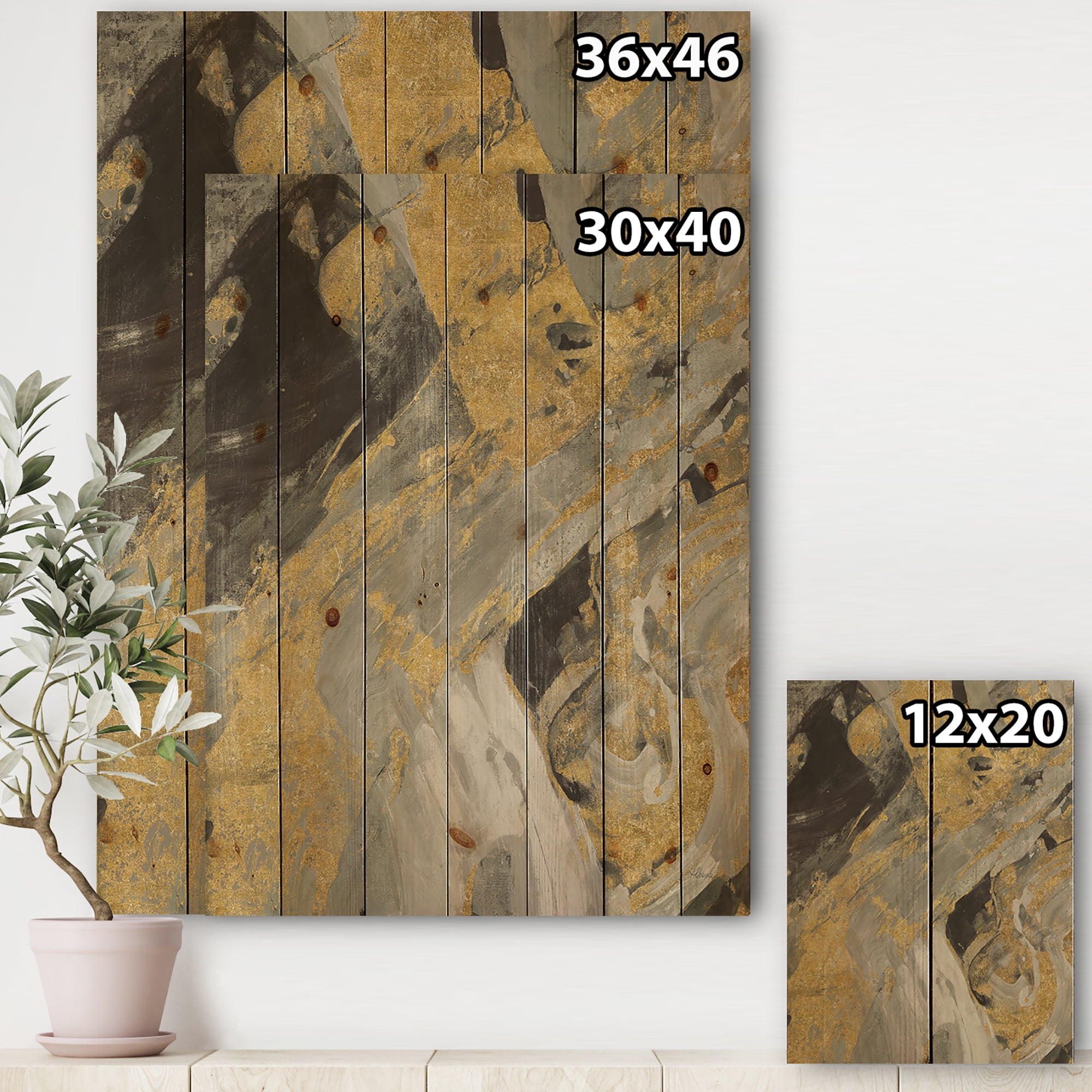 Designart 'Marble Black and Gold' Modern & Contemporary Print on Natural Pine Wood