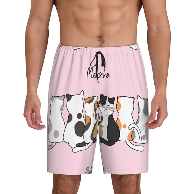 Balery Cute Cats Pantalones cortos de pijama de punto de algodón para hombre con cinturilla y bolsillos-3X-Large
