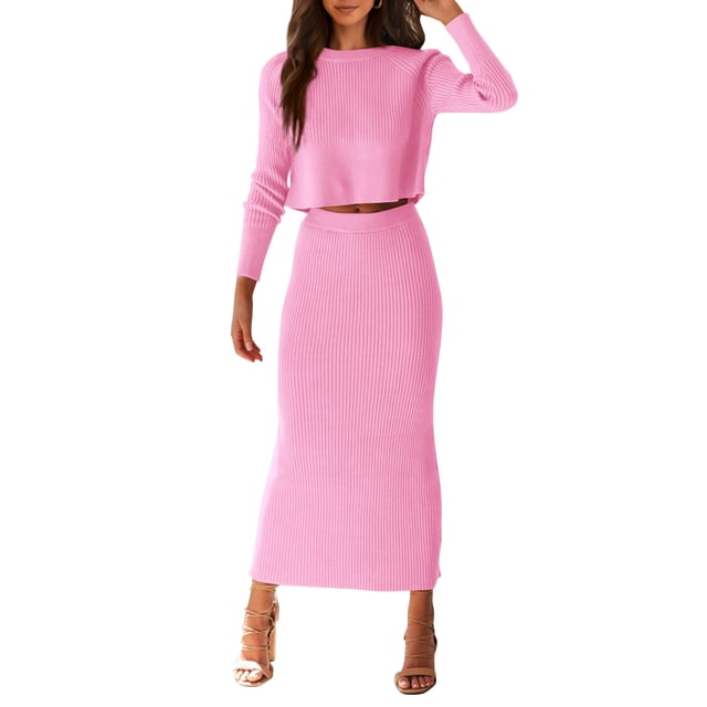 Conjunto de Suéter para Mujer PRETTYGARDEN Top Corto y Falda de Punto en Rosa Talla S