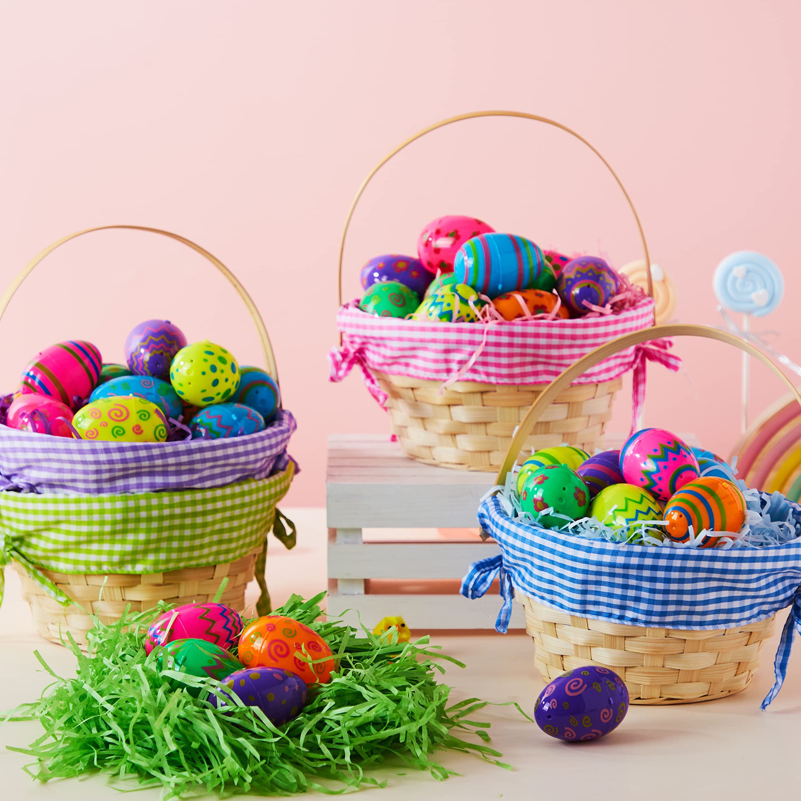 Joyfy 4 Pcs Easter Baskets with 4 Colors Grass Paper Shreds, Easter Woven Basket with Handles for Kids, (9" X 8") Easter Baskets for Easter Egg Hunt, Filling with Party Favors