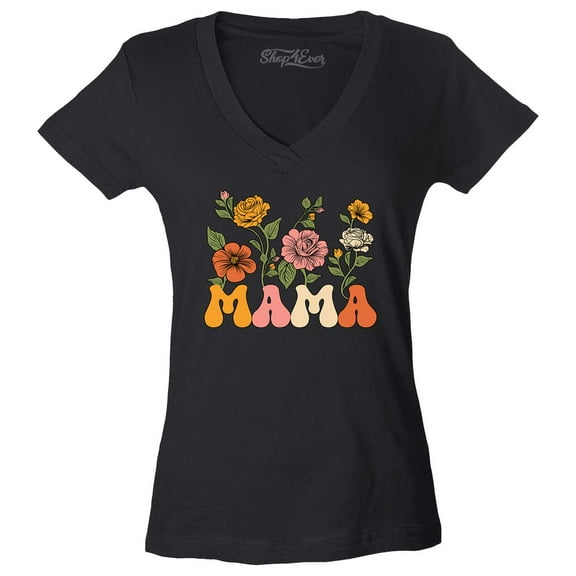 Shop4Ever Women's Mama Floral Flowers Retro Aesthetic Slim Fit V-Neck T-Shirt Medium Black
