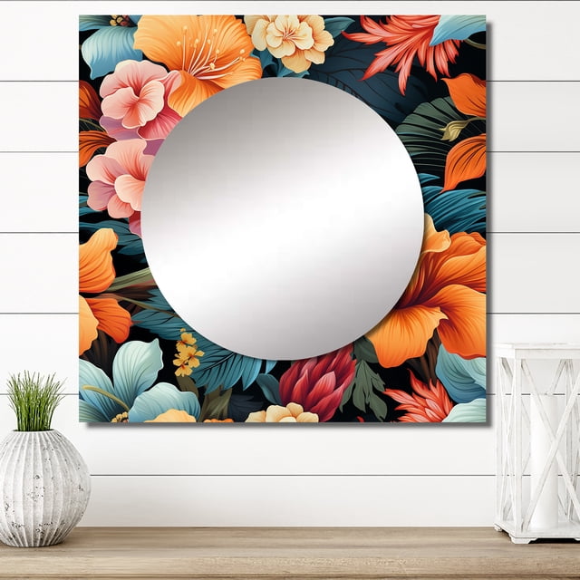 Designart "Paradise In The Tropics II" floral Square Mirror Wall Decor Cottage - Large Multicolor Square Bathroom Mirror - Square Printed Wall Mirror Art