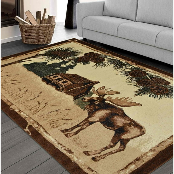 Lodge, Cabin Nature and Animals Area Rug - Nature Pattern Cabin Area Rug - Abstract, Chocolate/Beige/Green-Bear/Lodge