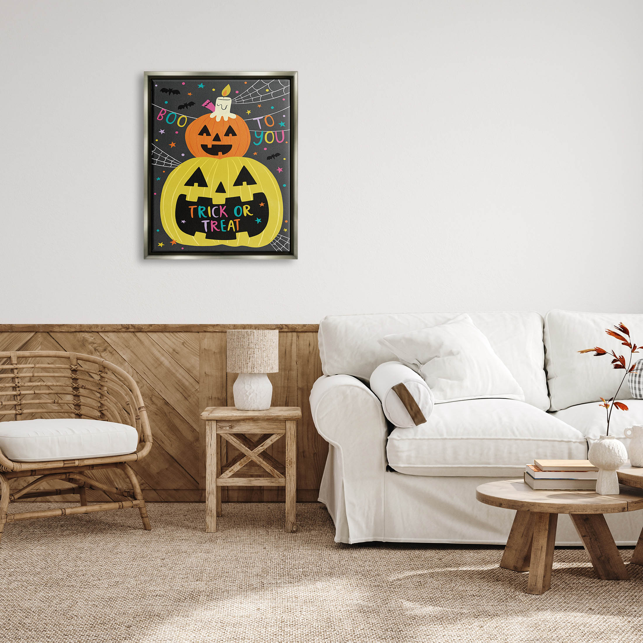 Stupell Industries Boo To You Fun Jack-O-Lanterns Graphic Art Luster Gray Floating Framed Canvas Print Wall Art, Design by Lisa Barlow