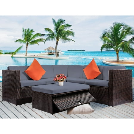 Clearance! 4 Piece Patio Furniture Set, All-Weather Outdoor Sectional Sofa Set, PE Rattan Conversation Set with Storage Table, Cushions, Wicker Furniture Chair Set for Patio Deck Garden Poolside, B736