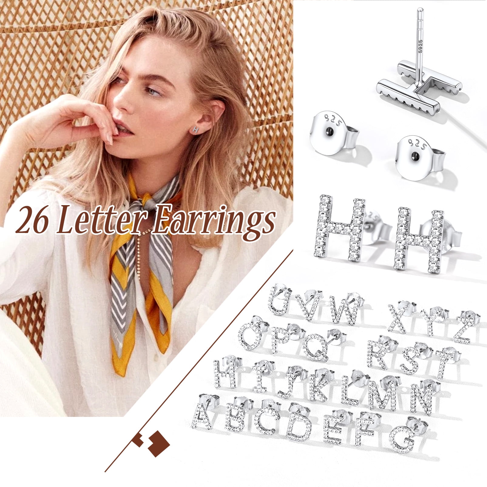 Silvora Sterling Silver Initial Stud Earrings for Women CZ Simulated Diamond Fashion Alphabet Letter Earring Birthday Christmas Valentines Jewelry Gift, K