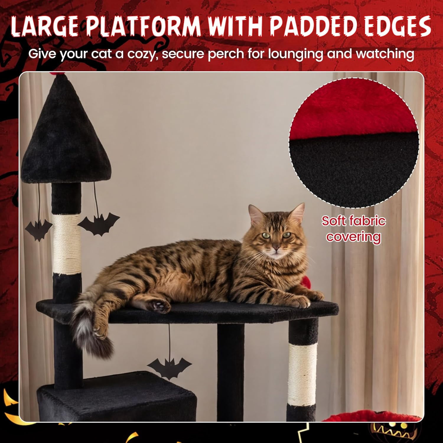 YounGG Gothic Cat Tree, 75" Tall Halloween Cat Tower with Sisal Scratching Posts & Ramp, 2 Condos, Top Perch, Bat Hanging Toys, Basket, Heavy Duty Black Goth Cat Tree for Indoor Large Cats 20+ LBS