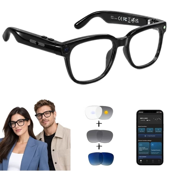 GenXenon AI Camera Glasses with 8MP HD Video Recording,Photochromic Lens Smart Eyewear,139 Language Real-Time Translation,AI Voice Assistant,Open Ear Audio,Includes 3 Extra Lens,suit for Men Women