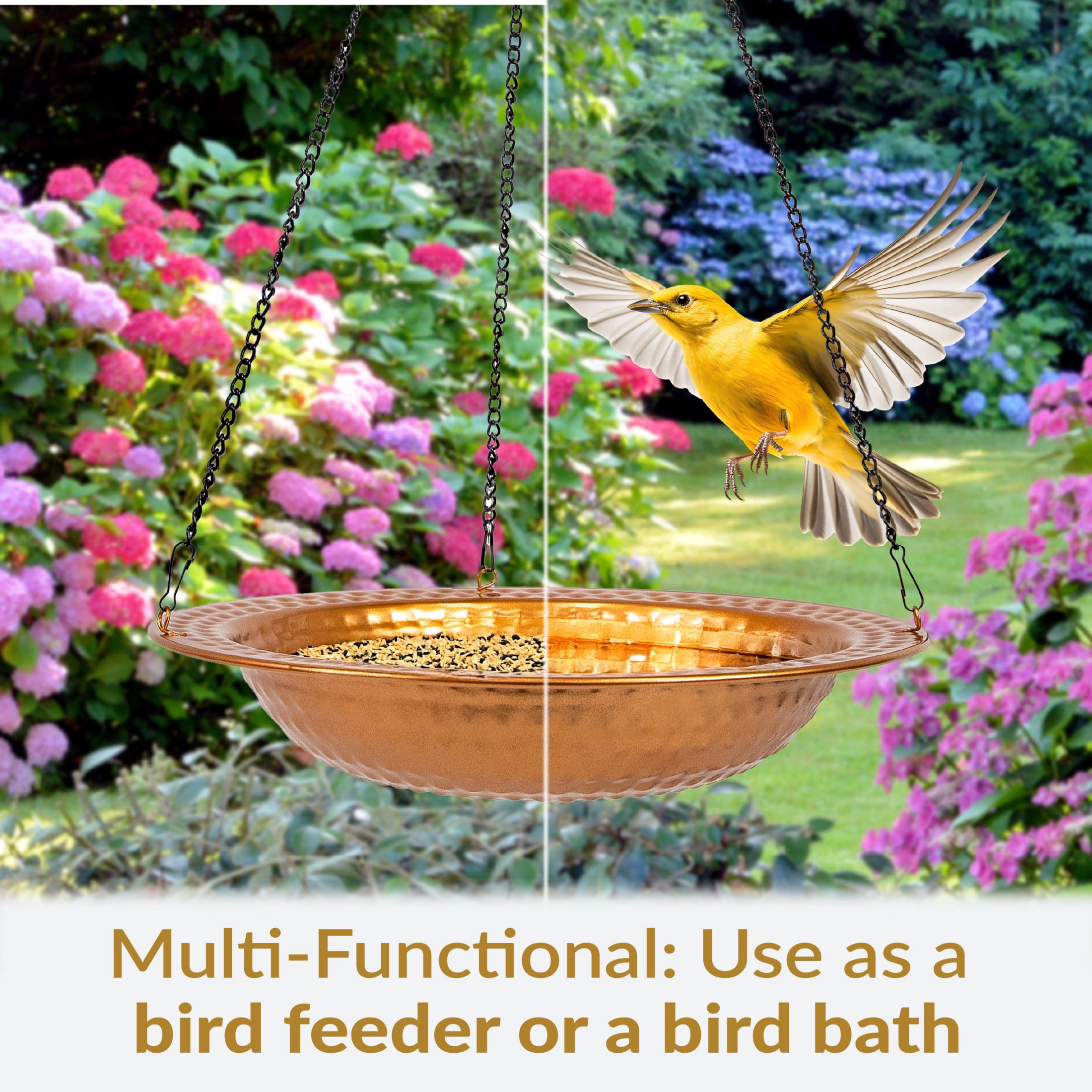 Sunnydaze Hanging Iron Outdoor Bird Bath or Bird Feeder with Hanging Chain