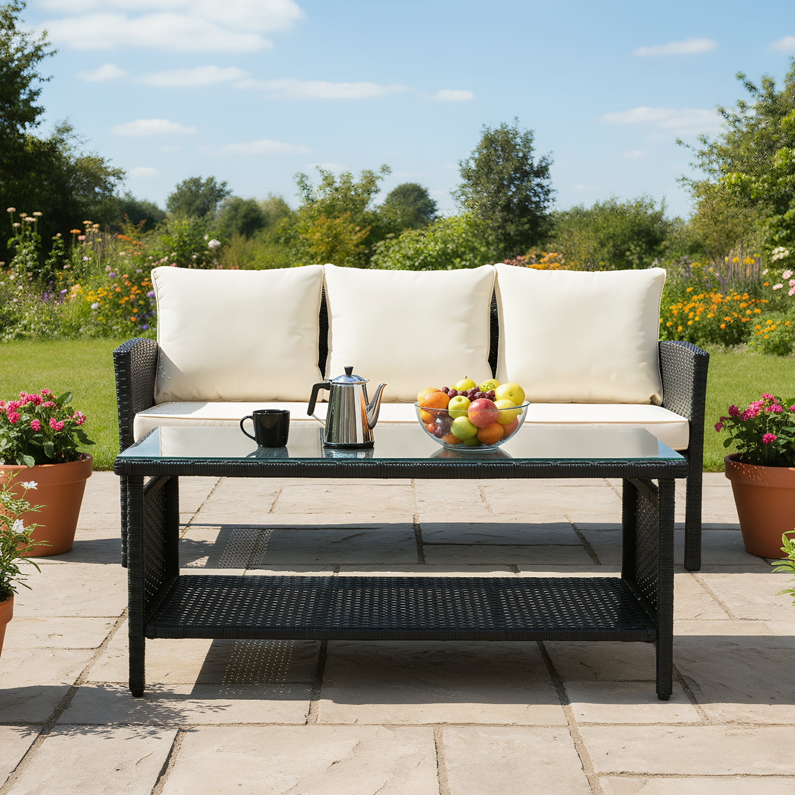 Ktaxon X-Large Outdoor Wicker Coffee Table with Tempered Glass Top and Storage, Black