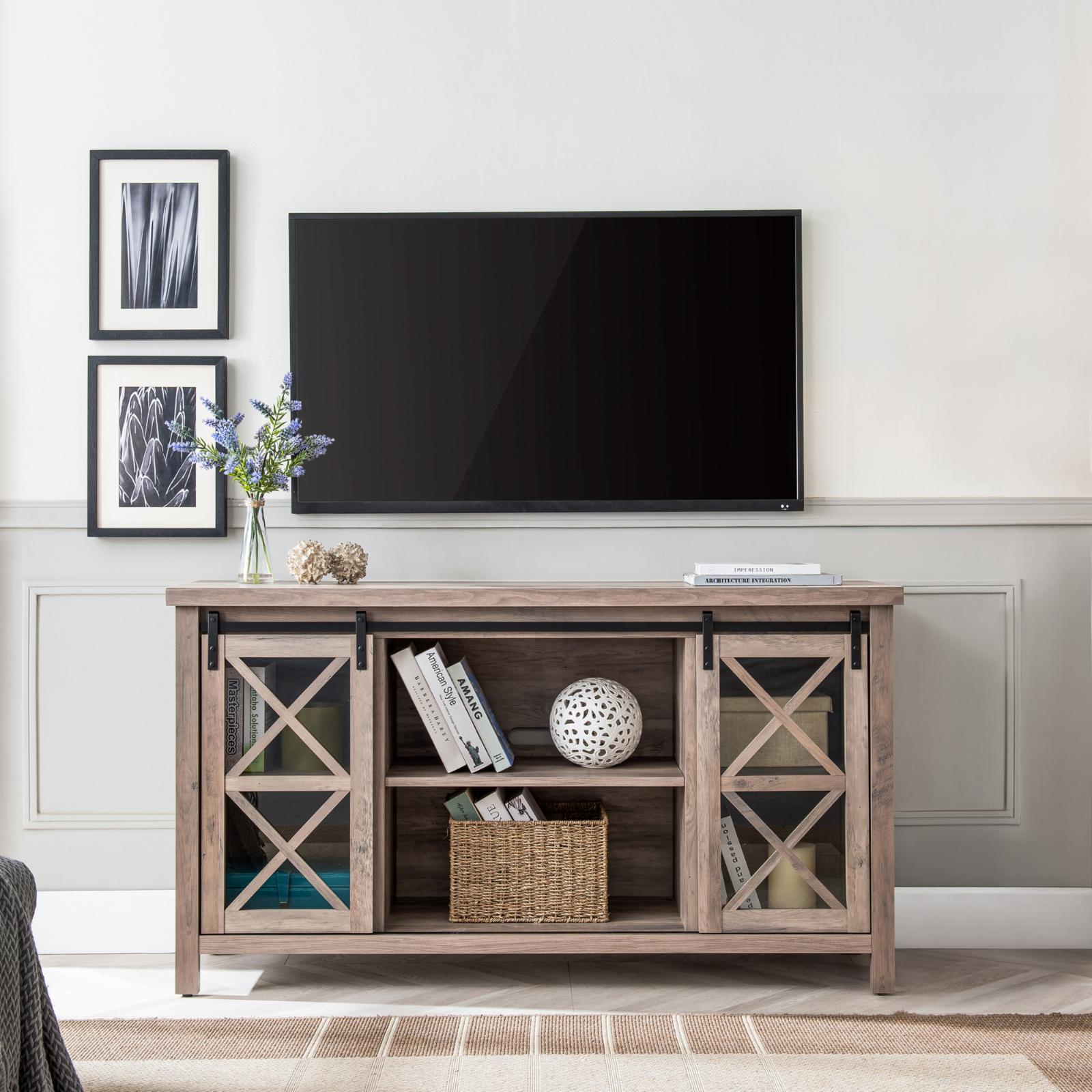 Evelyn&Zoe Modern Farmhouse TV Stand with Glass Paned Doors for TVs up