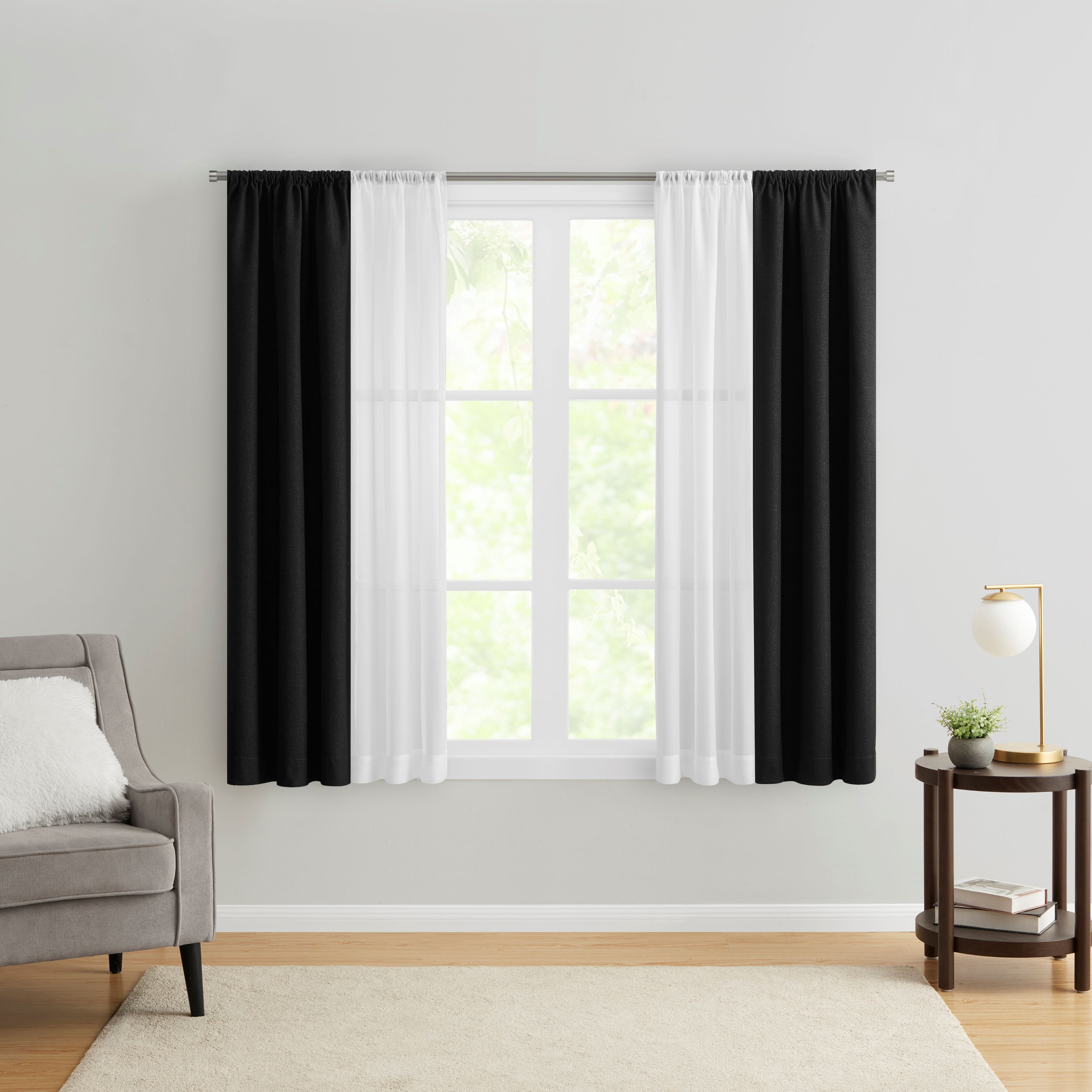 (3 pack) Mainstays Twill Blackout Rod Pocket 4 Piece Curtain Set, Rich Black, 27.5" W x 63" L
