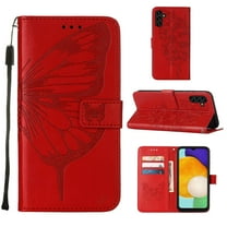 SaniMore Case for Samsung Galaxy A54 5G (6.4" 2023), PU Leather Full-body Protective Cover with Luxury Embossed Butterfly [Wrist Strap & Card Slots & Flip Kickstand] Shockproof Wallet Cover, Red