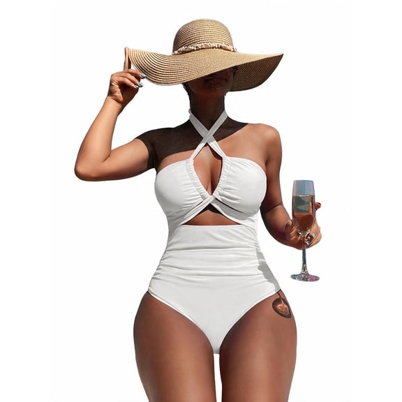 ACFN Women's Halter Cutout Swimsuit with Ruched Front, White