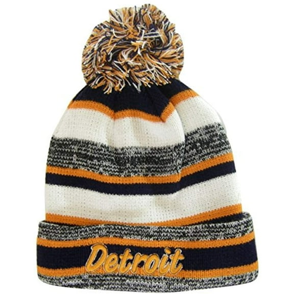 Detroit 4-Color Embroidered Adult Size Thick Winter Knit Pom Beanie Hat (Orange Script)