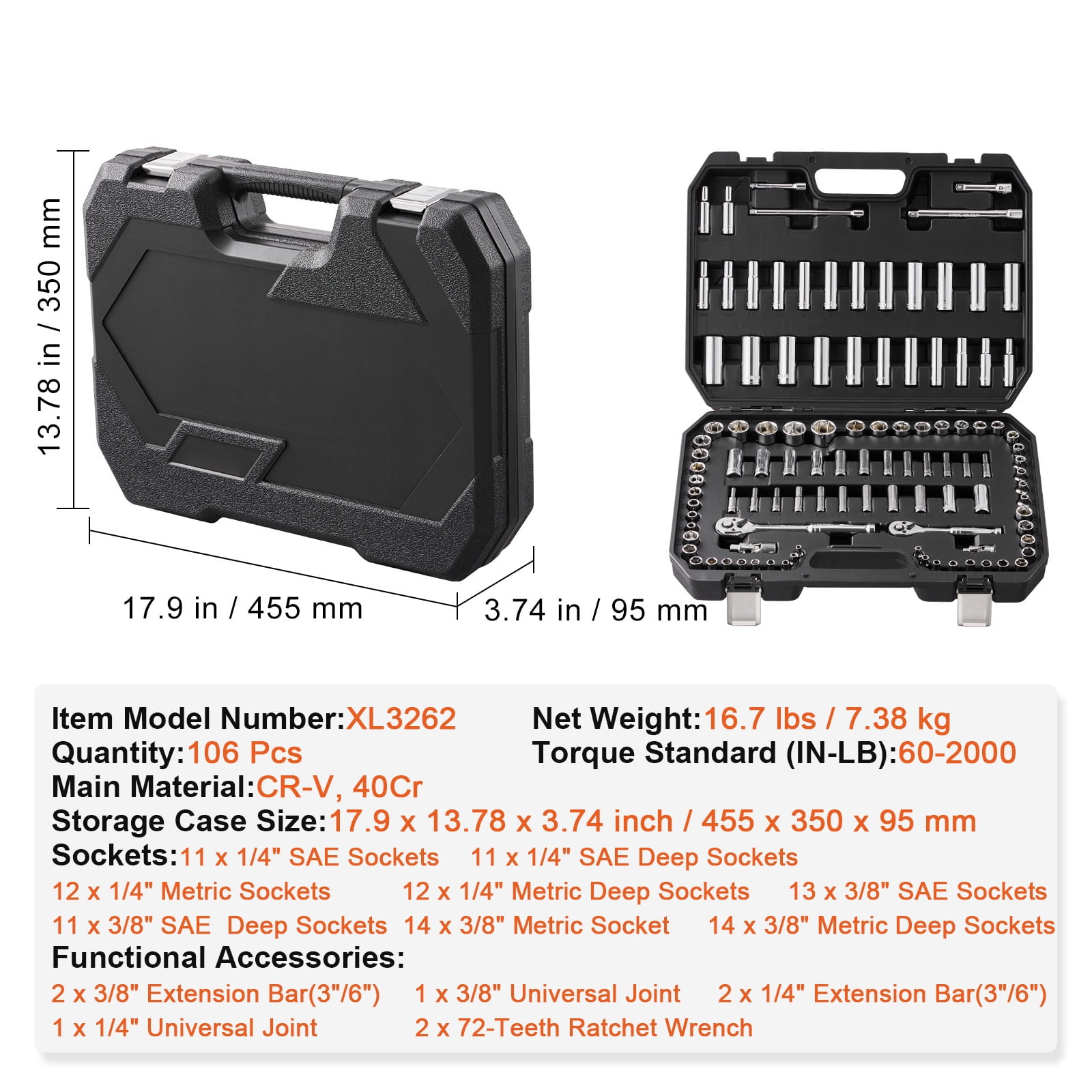 KFFKFF Comprehensive Socket Set, 1/4" and 3/8" Drive Ratchet and Socket Kit, 6-Point Design, 106-Piece SAE and Metric Tool Collection, Includes Deep and Standard Sockets (5/32-1 in, 5-19 mm)