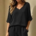 thumbnail image 5 of CYMMPU Women's Summer Linen Blend 2-Piece Outfit, V-Neck 3/4 Sleeve Top with Drawstring Pants, Casual Loungewear Set Black XL, 5 of 7