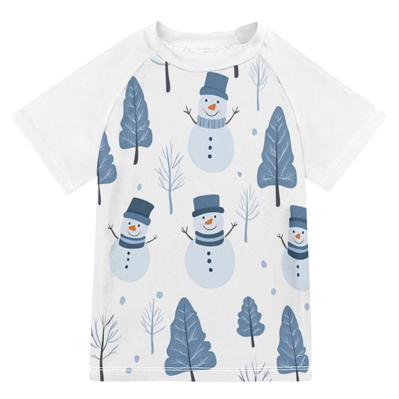 FORMRS Boys Rash Guard with Short Sleeves UPF 50  Swim Shirts Sizes 3-12T, White Snowman