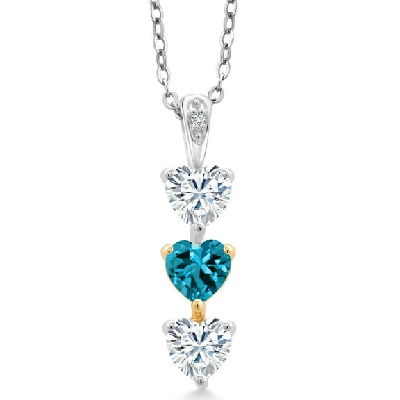 Gem Stone King Keren Hanan Lab Grown Diamond 3 Stone Heart Shape Pendant Necklace with Chain 925 Silver and 10K Yellow Gold London Blue Topaz Set with Moissanite (1.40 Cttw)