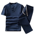 thumbnail image 2 of ICHUANYI Clearance Men Summer New Cotton And Hemp Short Sleeve Long Pants Fashion Comfortable Suit(Navy, XL) Ichuanyi Ichuanyi, 2 of 2