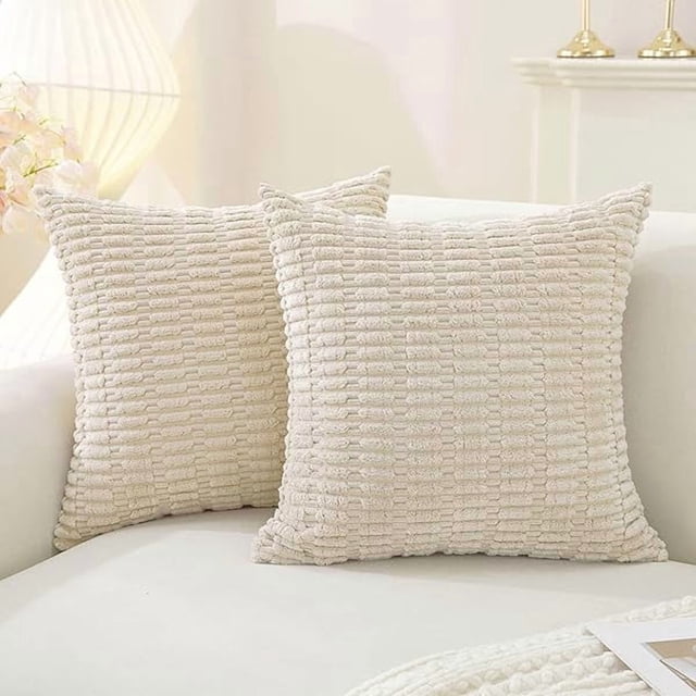 Chenchen Set of 2 Corduroy Decorative Throw Pillow Covers 20x20 Inch, Boho Striped Pillow Covers Farmhouse Home Decor for Sofa Living Room Couch Bed,Beige