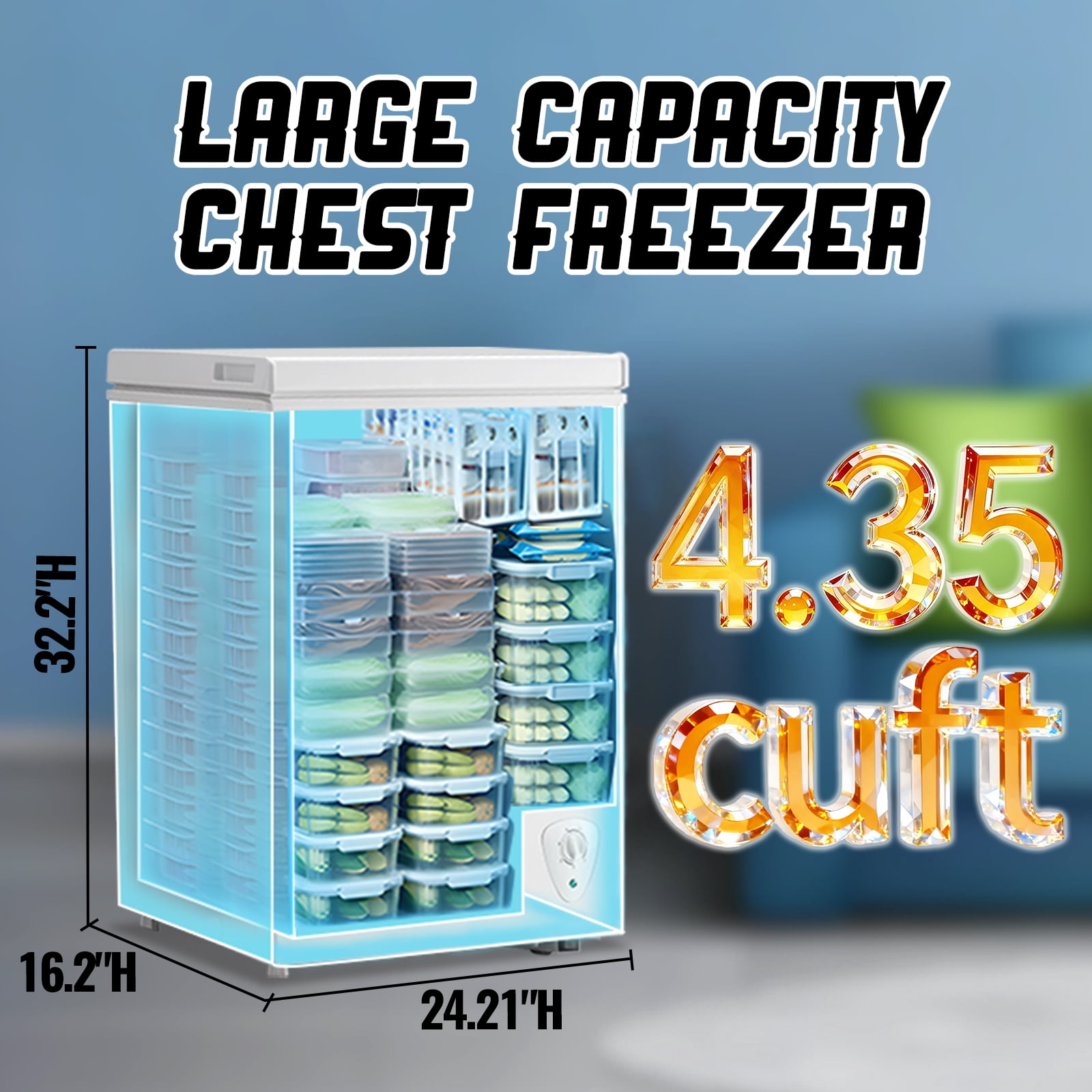 TACOOL Mini Chest Freezer 4.35Cu.ft with Two Removable Baskets Small Freezer with 7 Control Thermostat Control from -11.2℉to 50℉WHITE