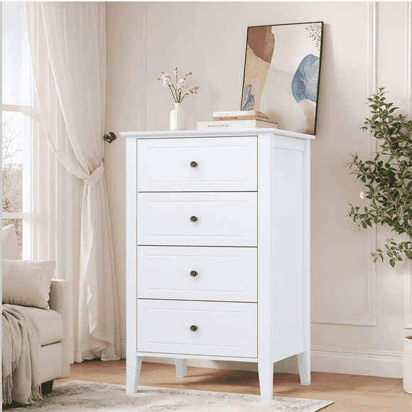 Homfa 4 Drawer White Dresser for Bedroom, Wood Bedroom Dresser Chest of Drawer with Tall Legs