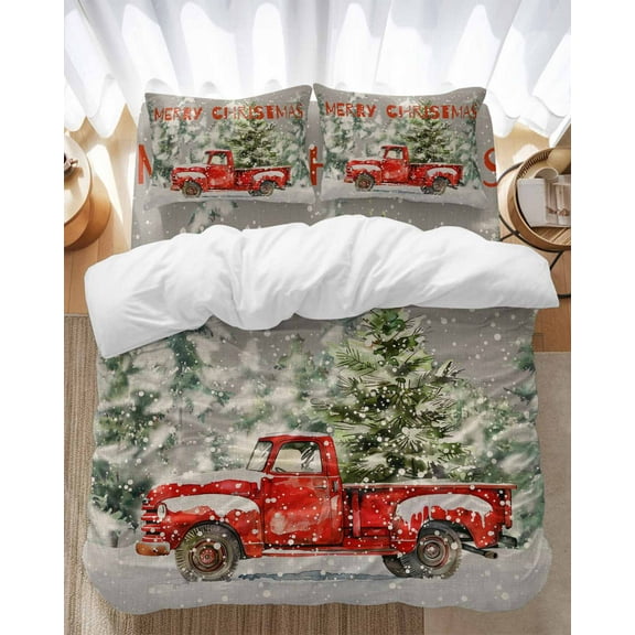 Merry Christmas Bedding Duvet Cover Set Twin Size 4 Pieces Xmas Tree Red Truck Snowflake Winter Bedding Set with Zipper Closure, 1 Comforter Cover 68x86 Inches 1 Flat Sheet & 2 Pillow Cases