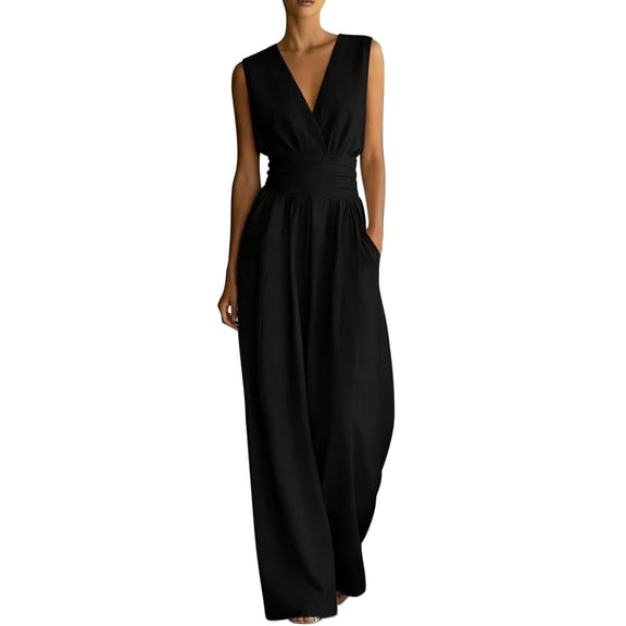 JFGHDG Sleeveless Jumpsuit for Womens Dressy Casual 2026 One Piece Romper Outfits Black S