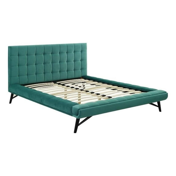 Maklaine Queen Biscuit Tufted Performance Velvet Platform Bed in Teal Blue
