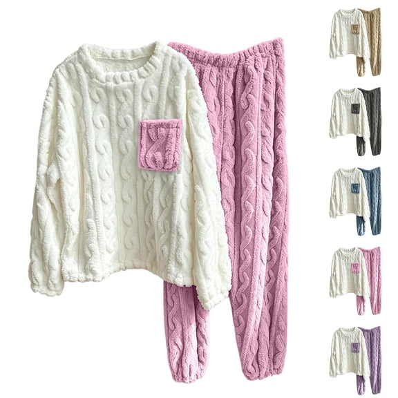 Miqool Womens Fuzzy Fleece Pajama Sets 2 Piece Long Sleeve Winter Warm Loungewear Sleepwear with Pocket