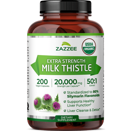 Zazzee USDA Organic Milk Thistle 50:1 Extract 20,000 mg Strength – 200 Vegan Capsules – Standardized to 80% Silymarin Flavonoids – Liver Health & Detox Support – Vegan • Non-GMO • Made in USA