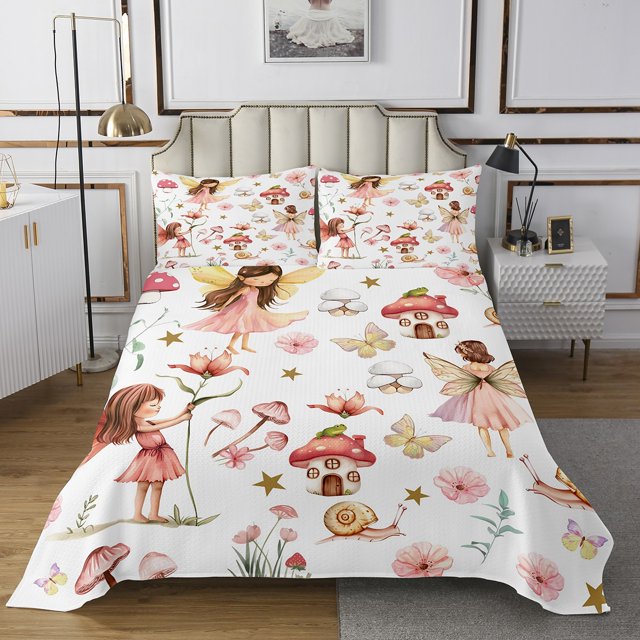 Erosebridal Ensemble de Courtepointe Champignon Dessin Animé pour Lit Grand Size, Ensemble de Lit Kawaii Fée Elf, Décoration Princesse Rêveuse, Léger, 3 Pcs