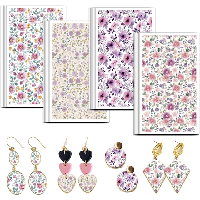 Papel de transferencia de arcilla con flores moradas, 4 diseños, 24 piezas, 70 mm x 120 mm, material de papel, fácil de usar, adecuado