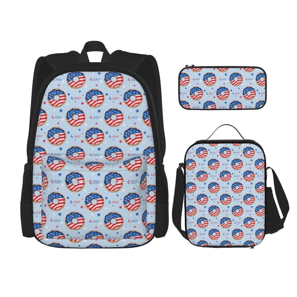 Balery Donut with the USA Fag Mochila escolar 3 en 1 para niños: mochila resistente con lonchera térmica y estuche para lápices. Mochila escolar para niños y niñas.