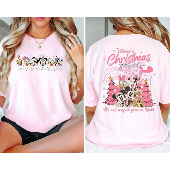 Retro 2-Sided Disney Christmas Pink Lights Shirt | Cute Mickey And Friends Xmas Tshirt | Disney Mickey's Very Merry Christmas