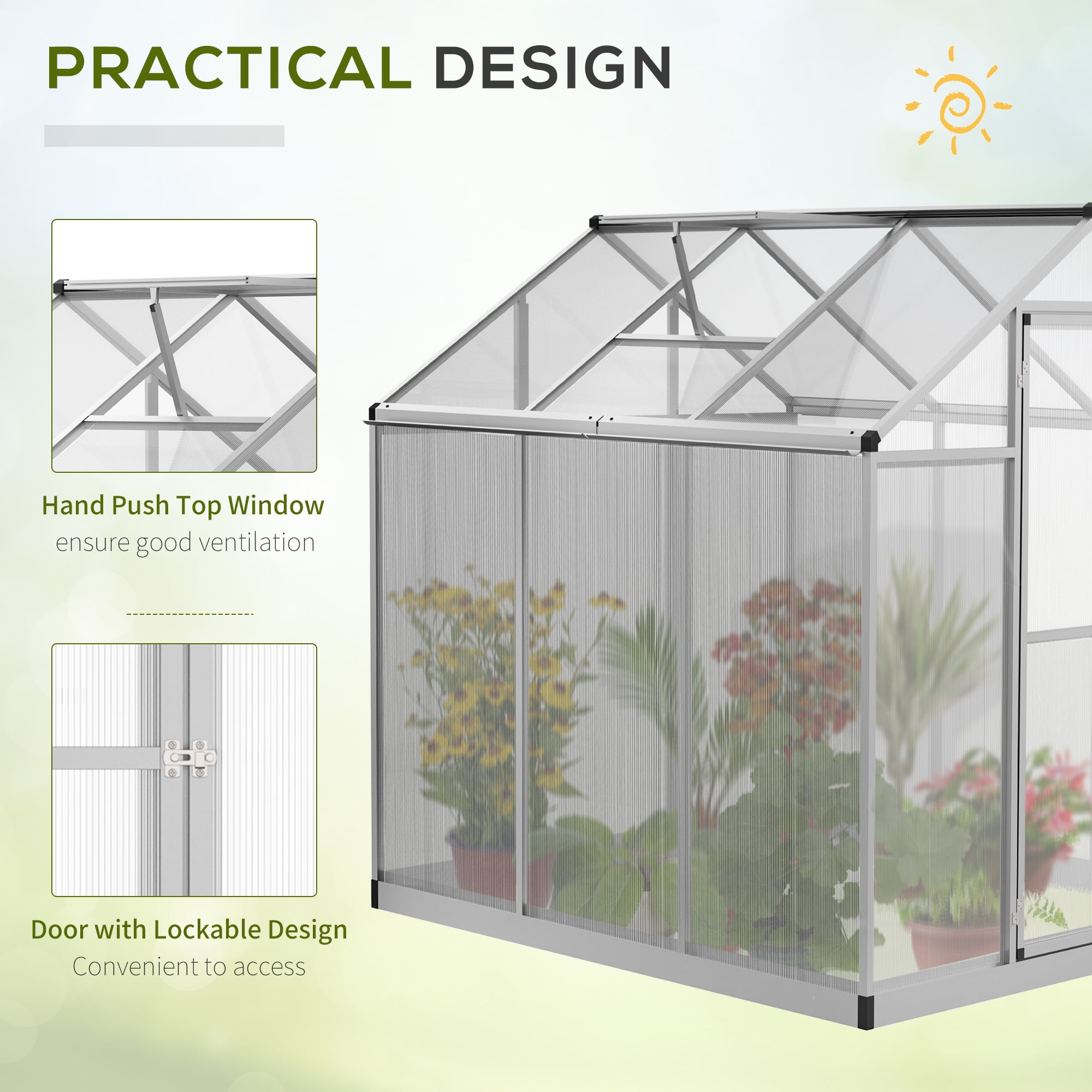 Outsunny 6' L x 6' W Walk-In Polycarbonate Greenhouse with Roof Vent for Ventilation & Rain Gutter, Hobby Greenhouse for Winter