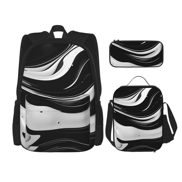 Balery Abstract Black White Swirls Mochila escolar 3 en 1 para niños: mochila resistente con lonchera térmica y estuche para lápices. Mochila escolar para niños y niñas.