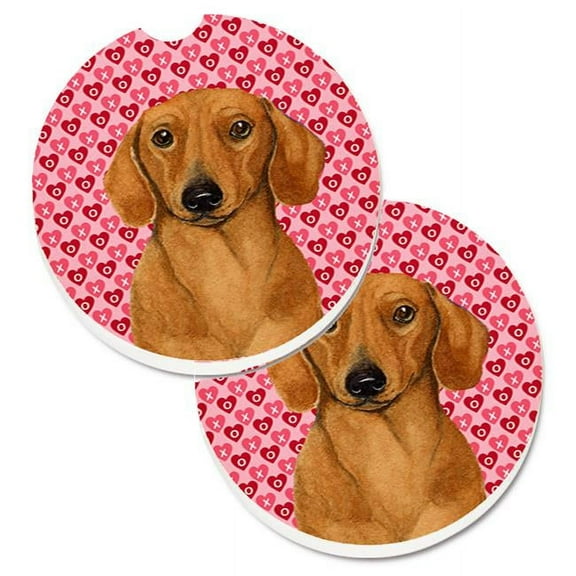 Dachshund Hearts Love & Valentines Day Portrait Set of 2 Cup Holder Car Coaster