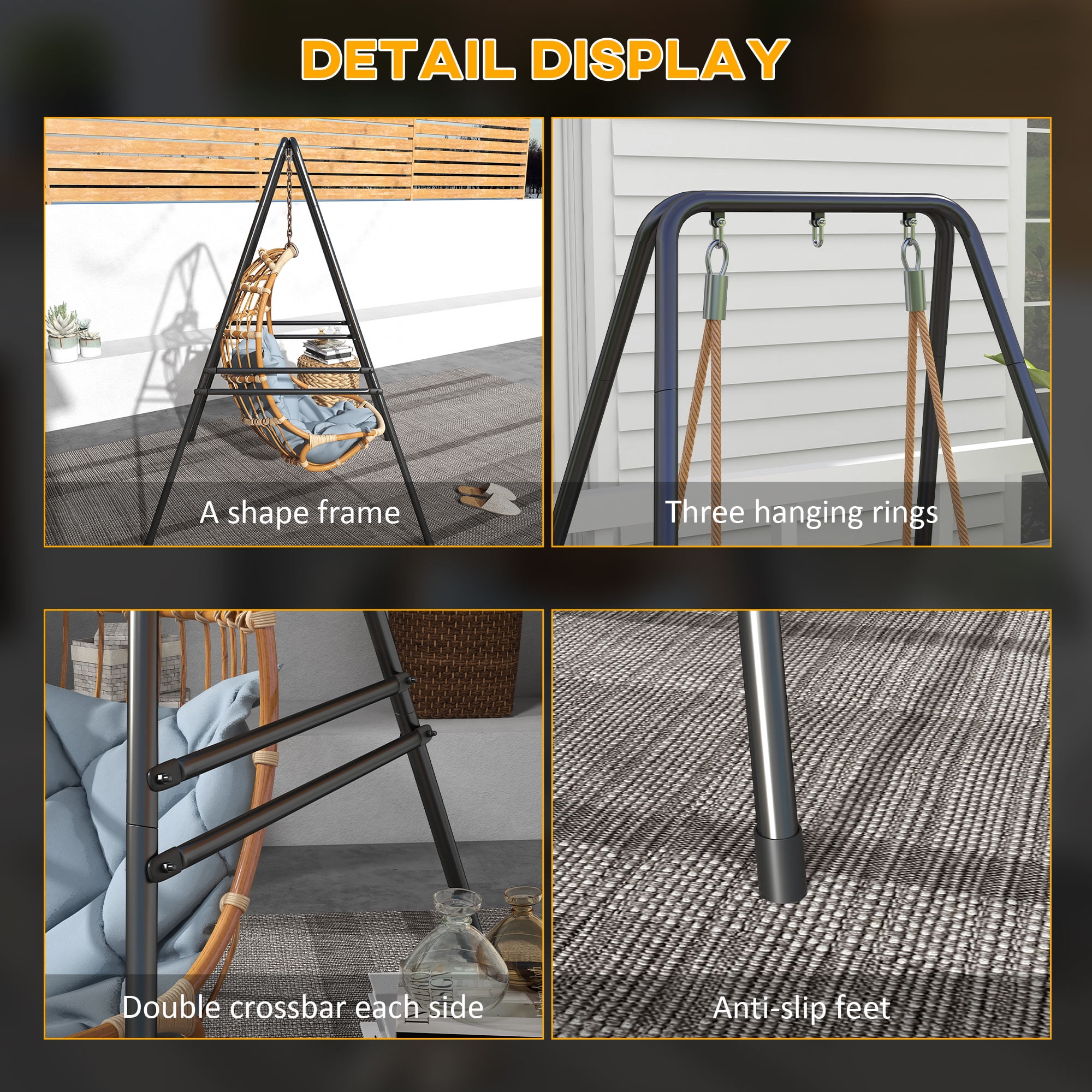 Garden Accessories Outsunny A-Shaped Hammock Chair Stand, Heavy Duty Swing Stand for Indoor & Outdoor Use, Max 330 lbs., Black,Garden Decorative Accessories