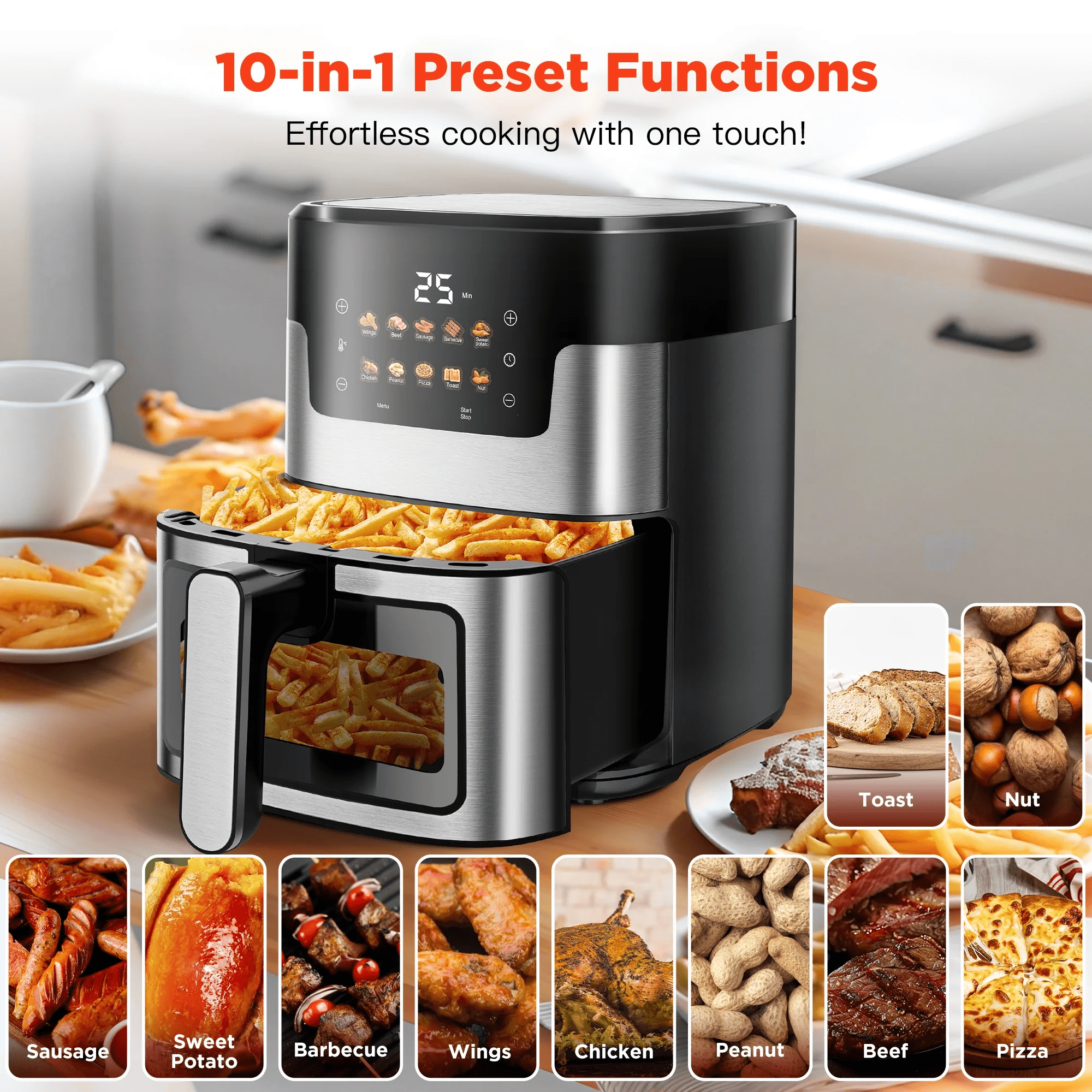 7.5QT XL 2-in-1 Air Fryer with Flip-Over Grill Plate, Viewing Window, 8 Cooking Presets, 95% Less Oil, Dishwasher Safe Basket & 100 Liners  Black