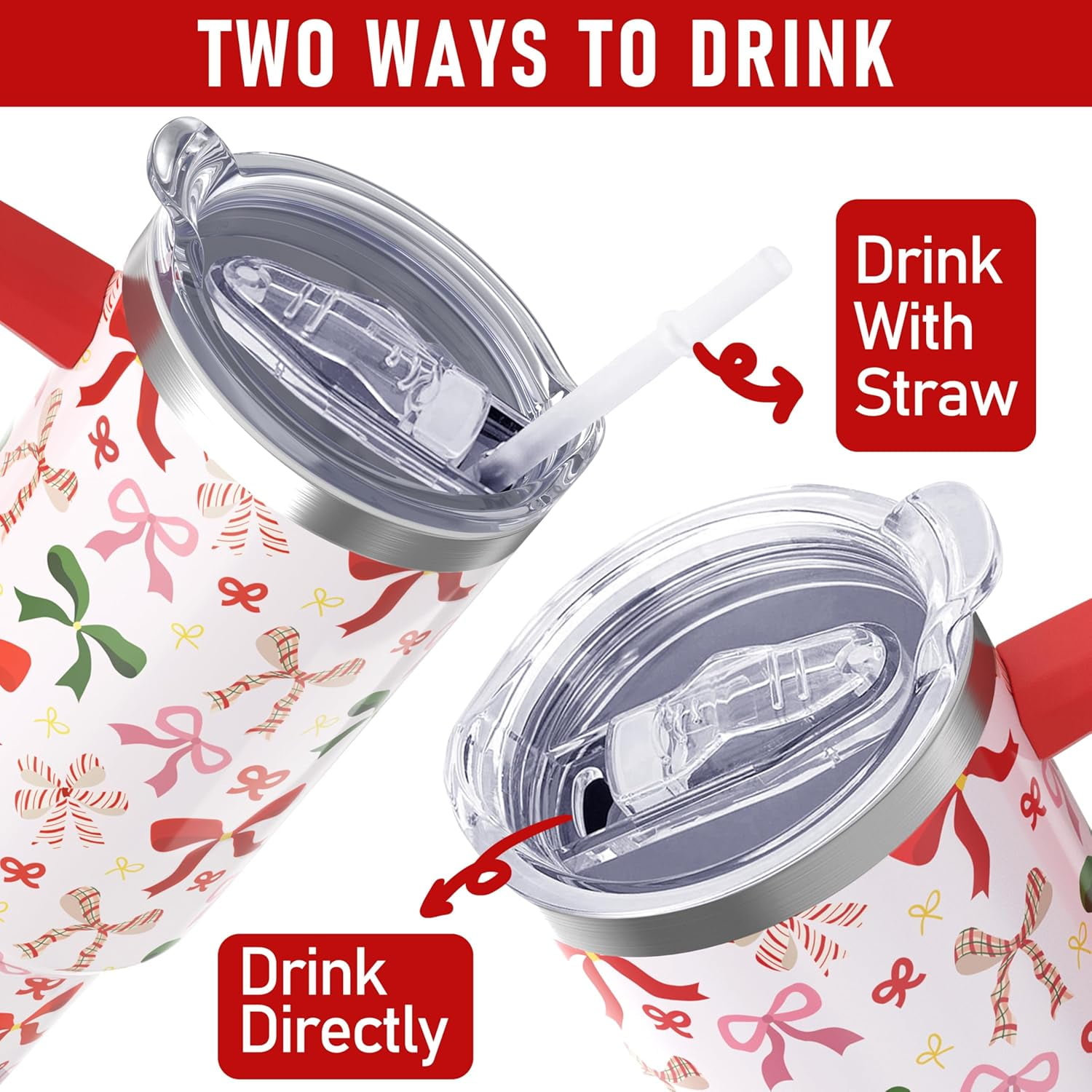 Christmas Tumbler, Cute Xmas Bow Tumbler with Handle and Straw, 40 oz Stainless Steel Insulated Water Bottle Christmas Birthday Winter Gifts for Women