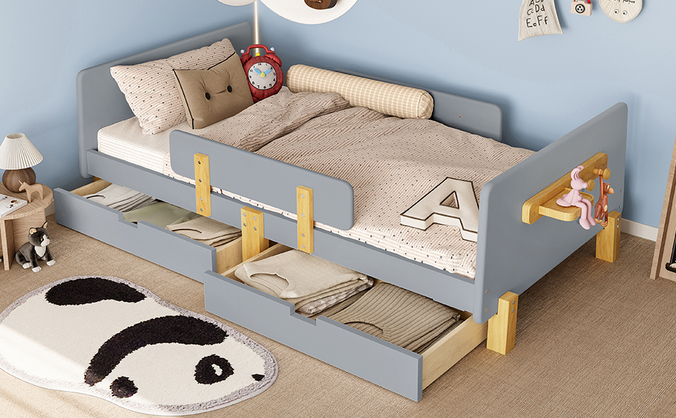 Yoneston Twin Size Kids Platform Bed with 2 Storage Drawers, Solid Wood Todder Bed Frame with Guardrails and Hooks for Boys Girls, Gray