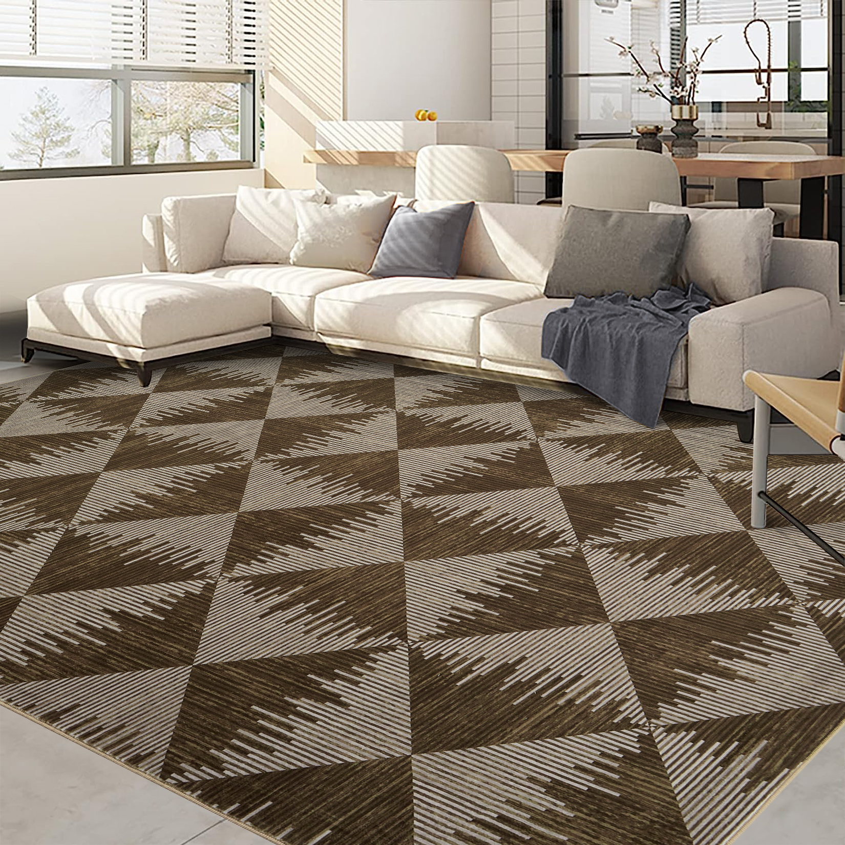 8x10 Washable Area Rugs for Living Room Non Slip Low Pile Modern Geometric Farmhouse Dining Room Carpets for Bedroom Dorm Brown