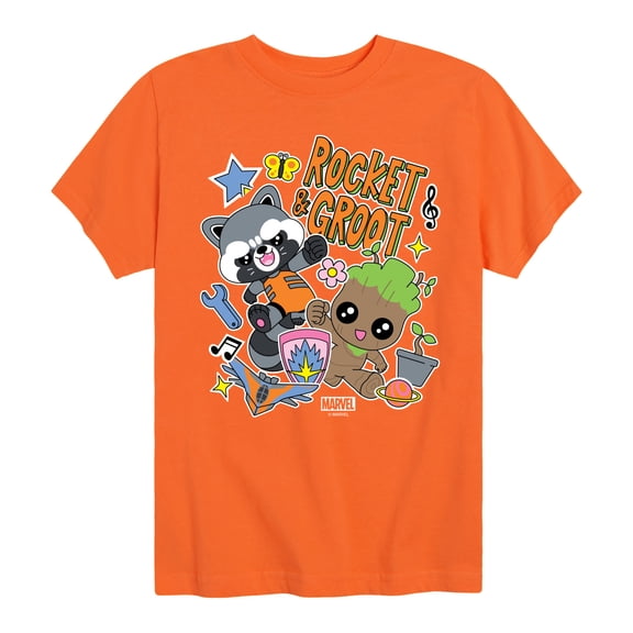 Marvel Guardians of the Galaxy - Groot And Rocket Sticker Styles - Toddler And Youth Short Sleeve Graphic T-Shirt