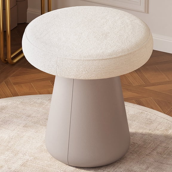 Modern Mushroom Ottoman Footstool, 18" Cute Round Vanity Stool with Velvet Seat & PU Leather Base, Comfy Small Pouf Side Stool for Bedroom Living Room