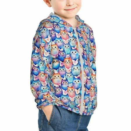 

Uemuo Cartoon colorful cute cat Pattern Rash Guard for Boys Girls Long Sleeve Swim Shirts UPF 50+ UV Sun Protection Hooded Fishing Shirt with Pocket for Kid-2 Years