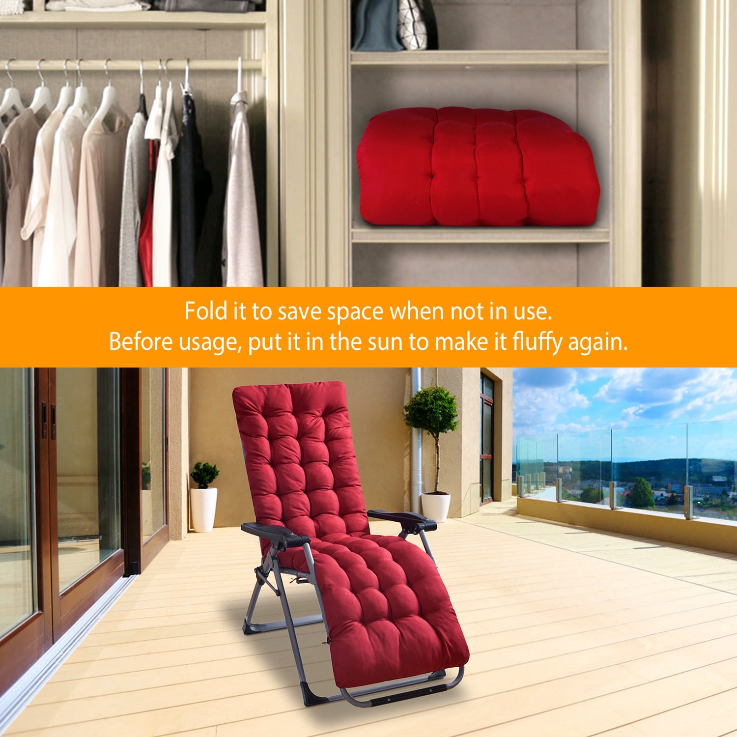 TeqHome 71x22x4in Chaise Lounger Cushion Recliner for Patio Furniture, Deck Chair Cushion for Outdoor Indoor Home Office Red