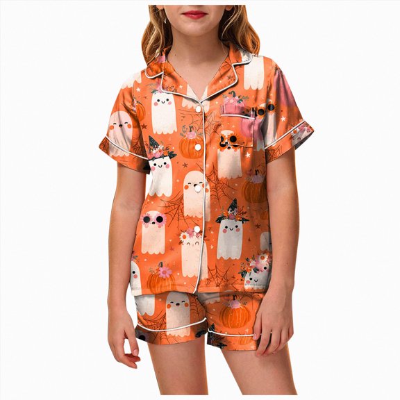 NIEWTR Girls' Pajamas Kids Toddler Summer Cartoon Print Short Sleeve Shorts Sleepwear Outfits Halloween Pajamas